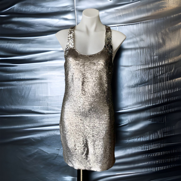 Pinko Stretchy Silver Sequin Mini Cocktail Dress Size 10 - Picture 1 of 12